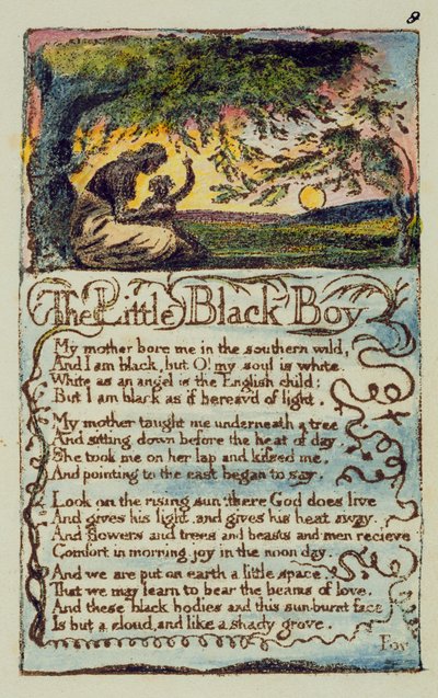 „The Little Black Boy”, płyta 8 (Bentley 9) z „Pieśni o niewinności i doświadczeniu” (Bentley Copy L) 1789-94 (akwaforta wypukła z piórem i toaletą) autorstwa William Blake